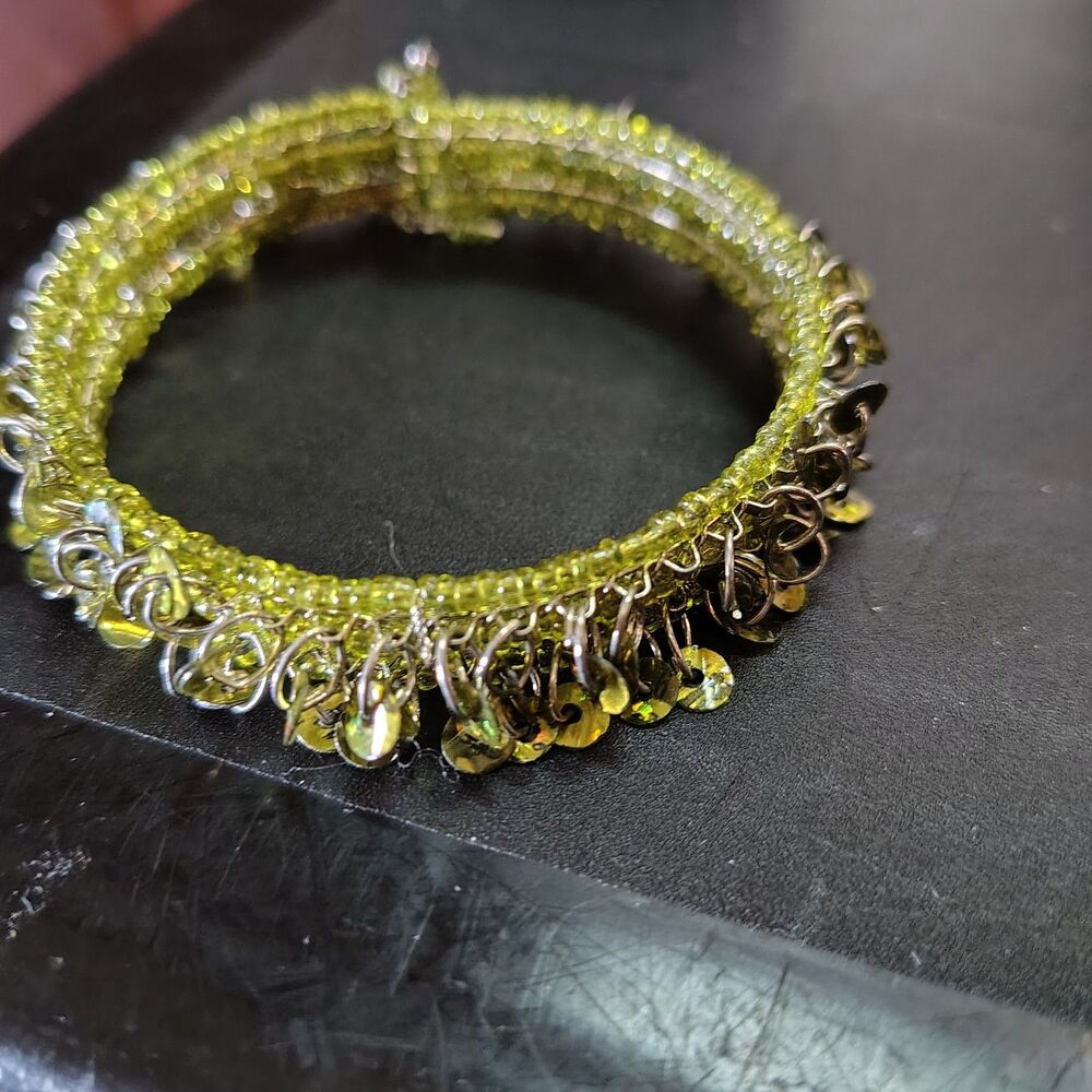 Bohemian Lime Green Beaded Gypsy Sequin Wire Bracelet/J127